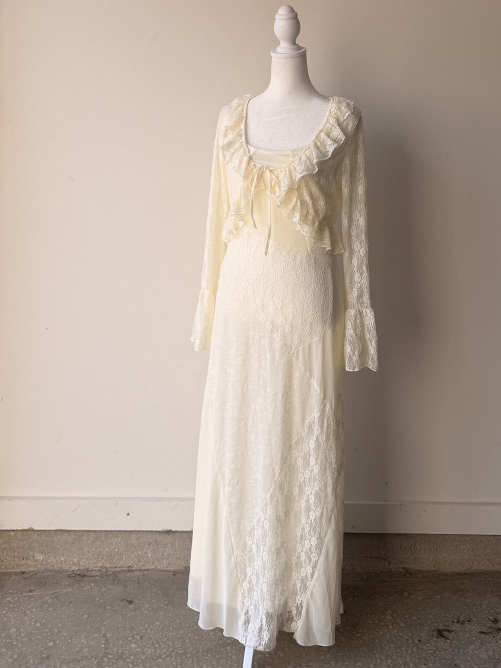 Ivory Lace Long-Sleeve Maxi Dress with Ruffle Scoop